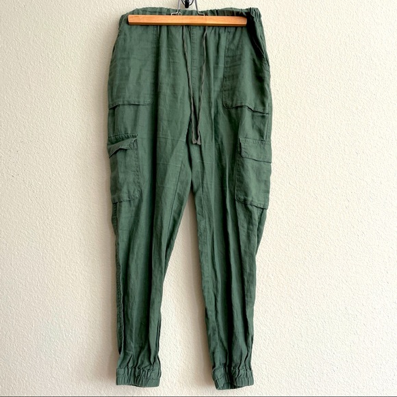 Artisan Ny 100% linen army green drawstring cargo joggers - Picture 1 of 8